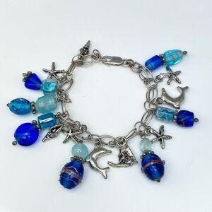 Vintage India Sterling Silver 925 Blue Glass Ocean Sea Charm Bracelet 7"